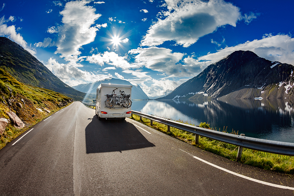 Motorhome carrying bicycles on the highway